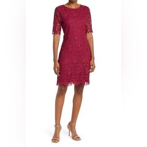 Nina Leonard Jewel Neck Lace‎ Dress Sangria NWT Size M